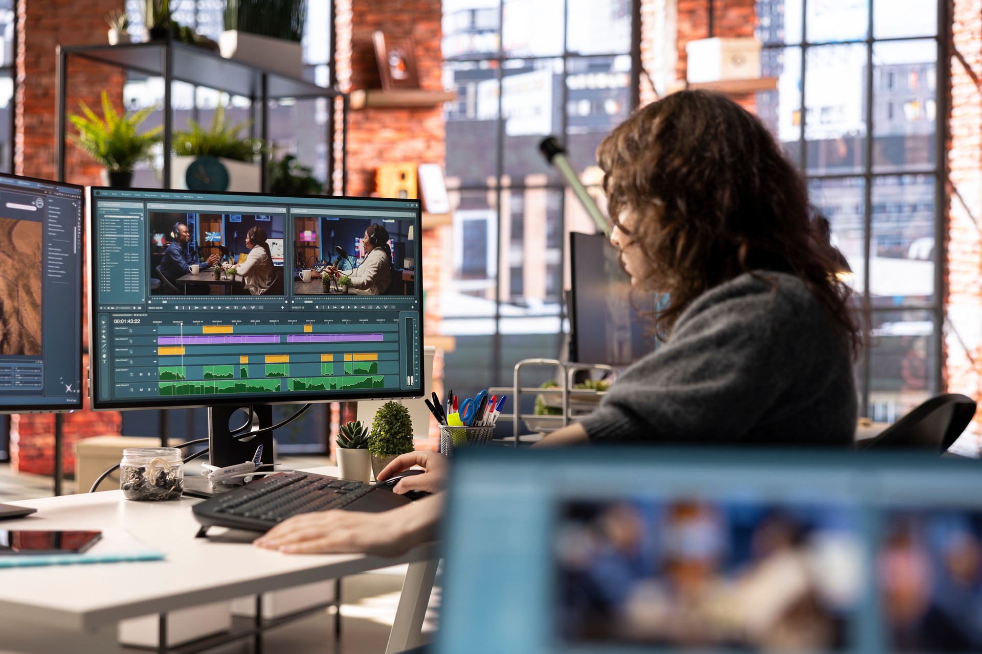 Young woman video editor working with dual monitors in creative agency